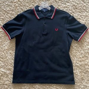 Fred Perry Polo Navy Blue with Red and White Sleeve Trim, Size M